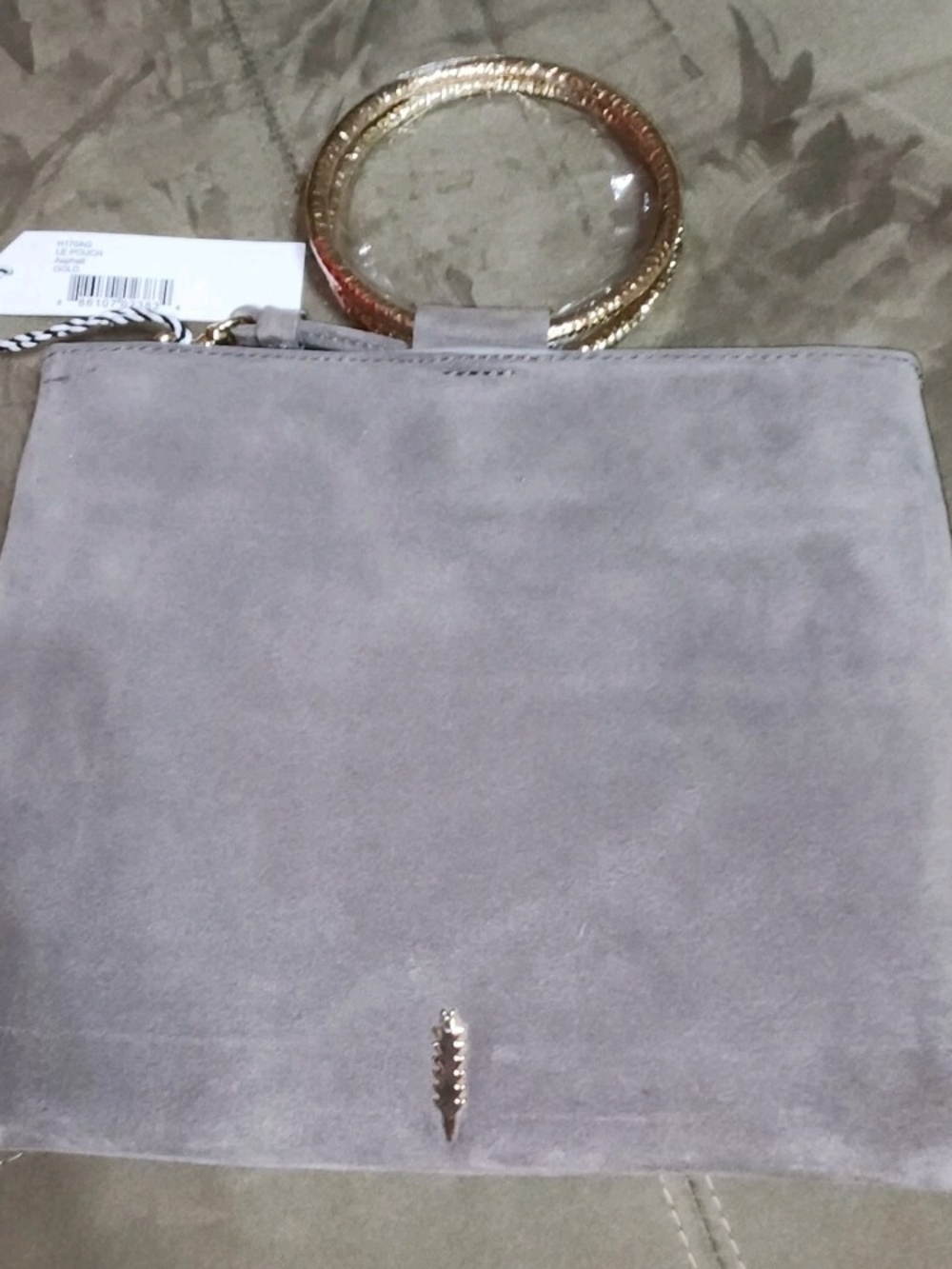Gold-Handle Gray Suede Wristlet Clutch